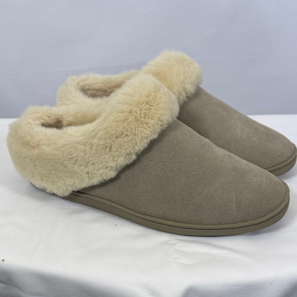 MyPillow MySlippers Women’s Leather Cozy Tan Slippers w/ Cream Fur Lining SZ 10